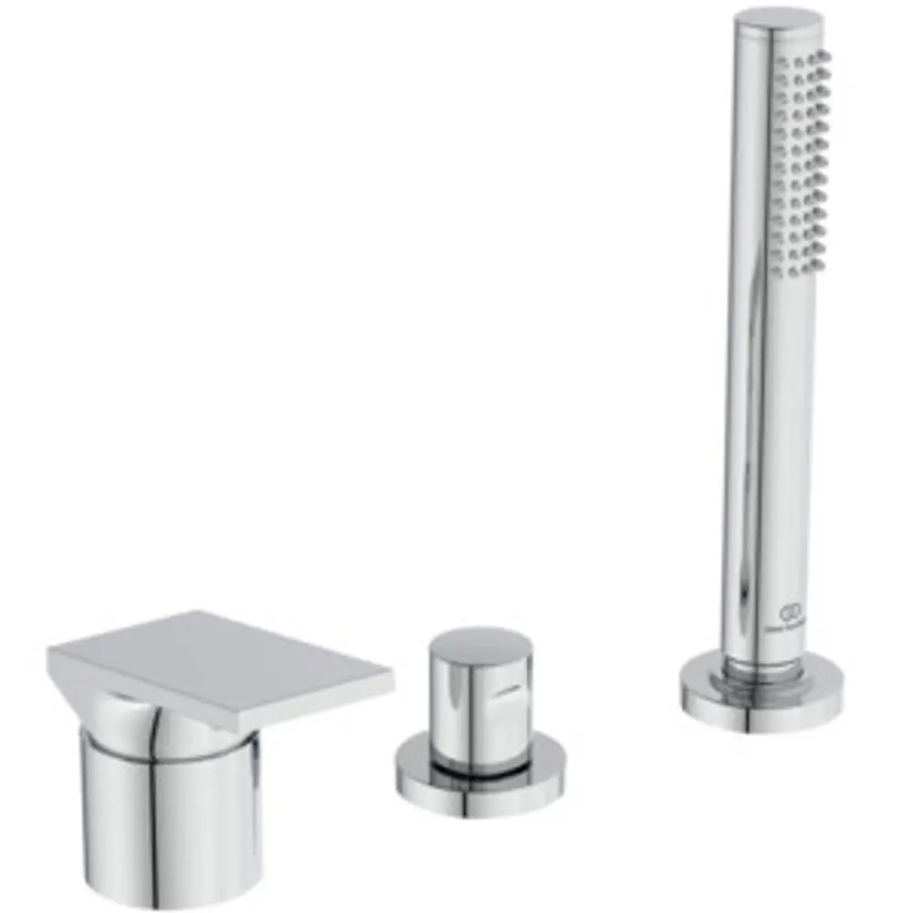 Chromene 3-Loch-Badarmatur mit Handbrause und Wanneneinlauf von Ideal Standard, bestehend aus einem Wasserhahn und zwei Bedienelementen.